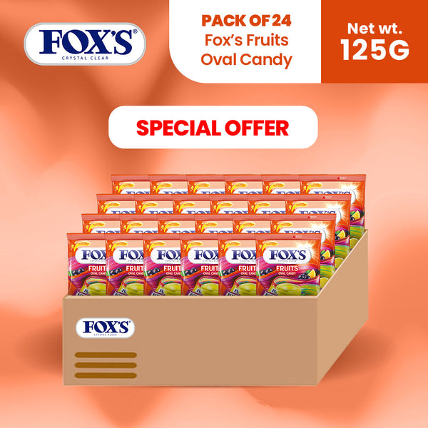 Fox's Candy Crystal Clear Fruits Oval Flowrap Candy 125g - Pack of 24