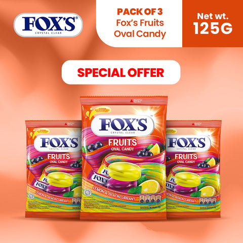 Fox's Candy Crystal Clear Fruits Oval Flowrap Candy 125g - Pack of 3