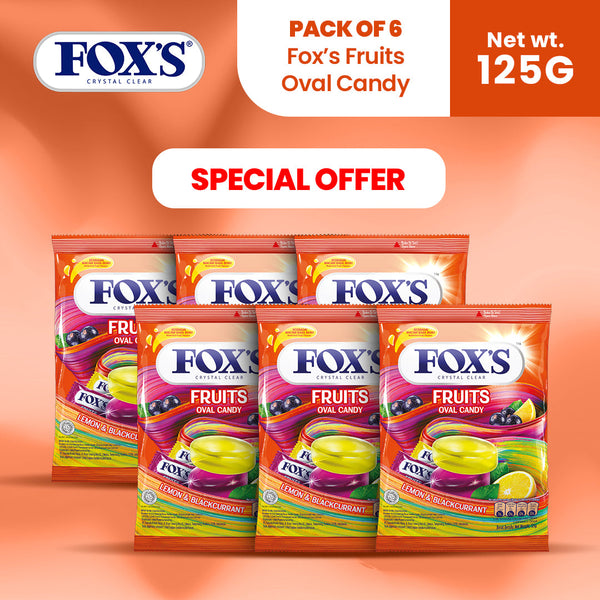 Fox's Candy Crystal Clear Fruits Oval Flowrap Candy 125g - Pack of 6
